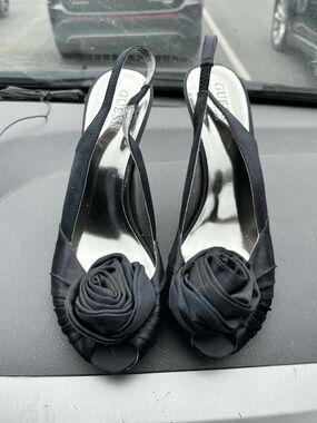 Guess Slingback Satin Peep-Toe Heels with Rosette Accent